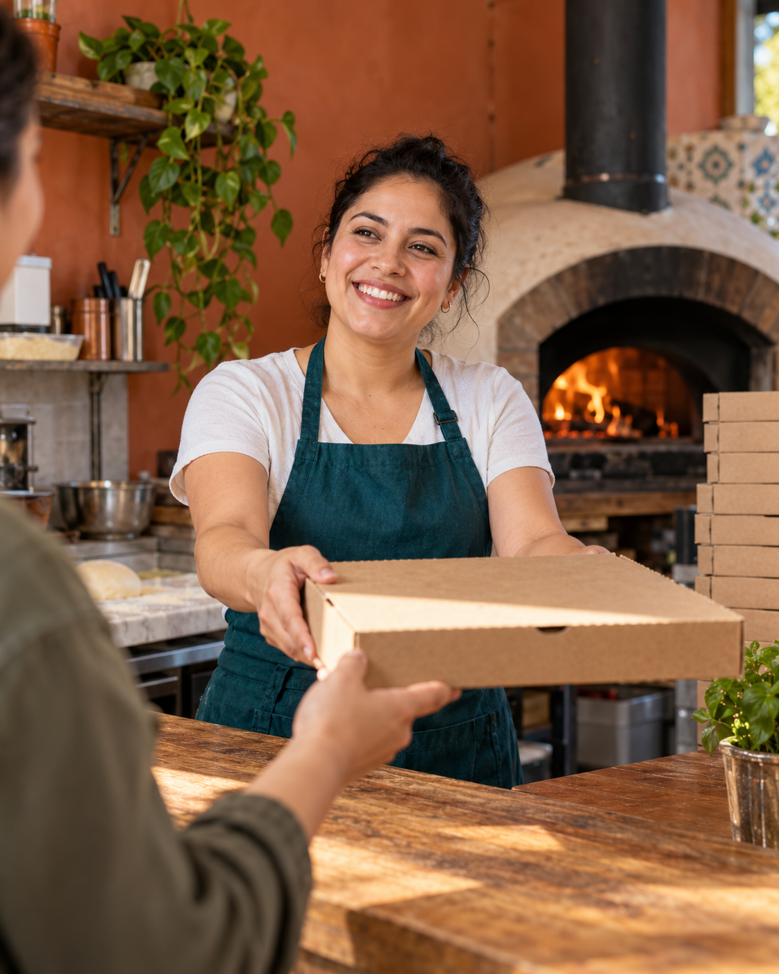 Escena ilustrativa de una persona atendiendo una pizzería de barrio